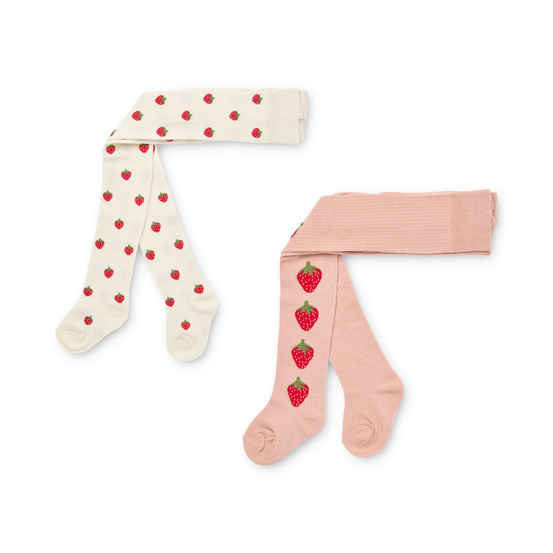 2er Pack Strumpfhosen für Mädchen aus Baumwollgemisch. Eine Strumpfhose ist cremefarben mit eingewebten kleinen Erdbeeren über das ganze Bein verteilt. Die andere Strumpfhose ist rosa mit vier großen eingewebten Erdbeeren zwischen Knie und Knöchel.