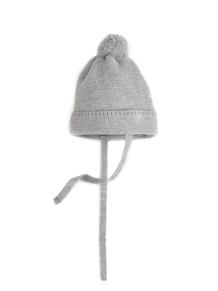 Bommelmütze für Babys aus Merinowolle und Kaschmir in hellgrau mit Bindebändern
