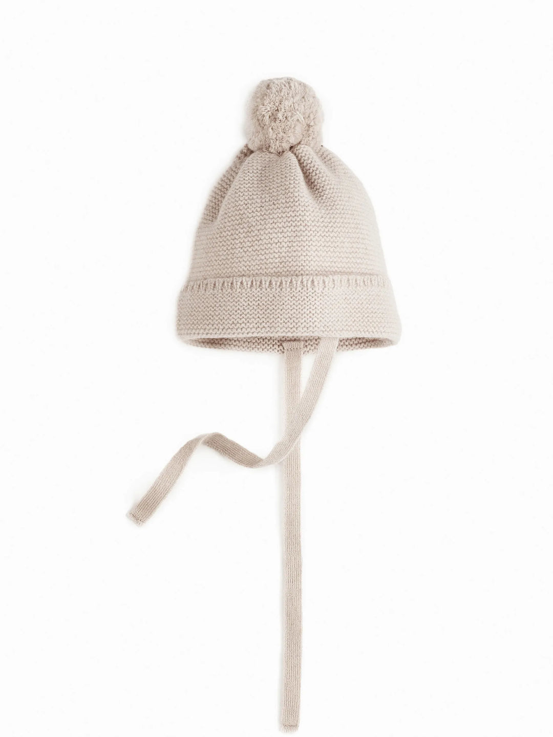 Bommelmütze für Babys aus Merinowolle und Kaschmir in beige mit Bindeband
