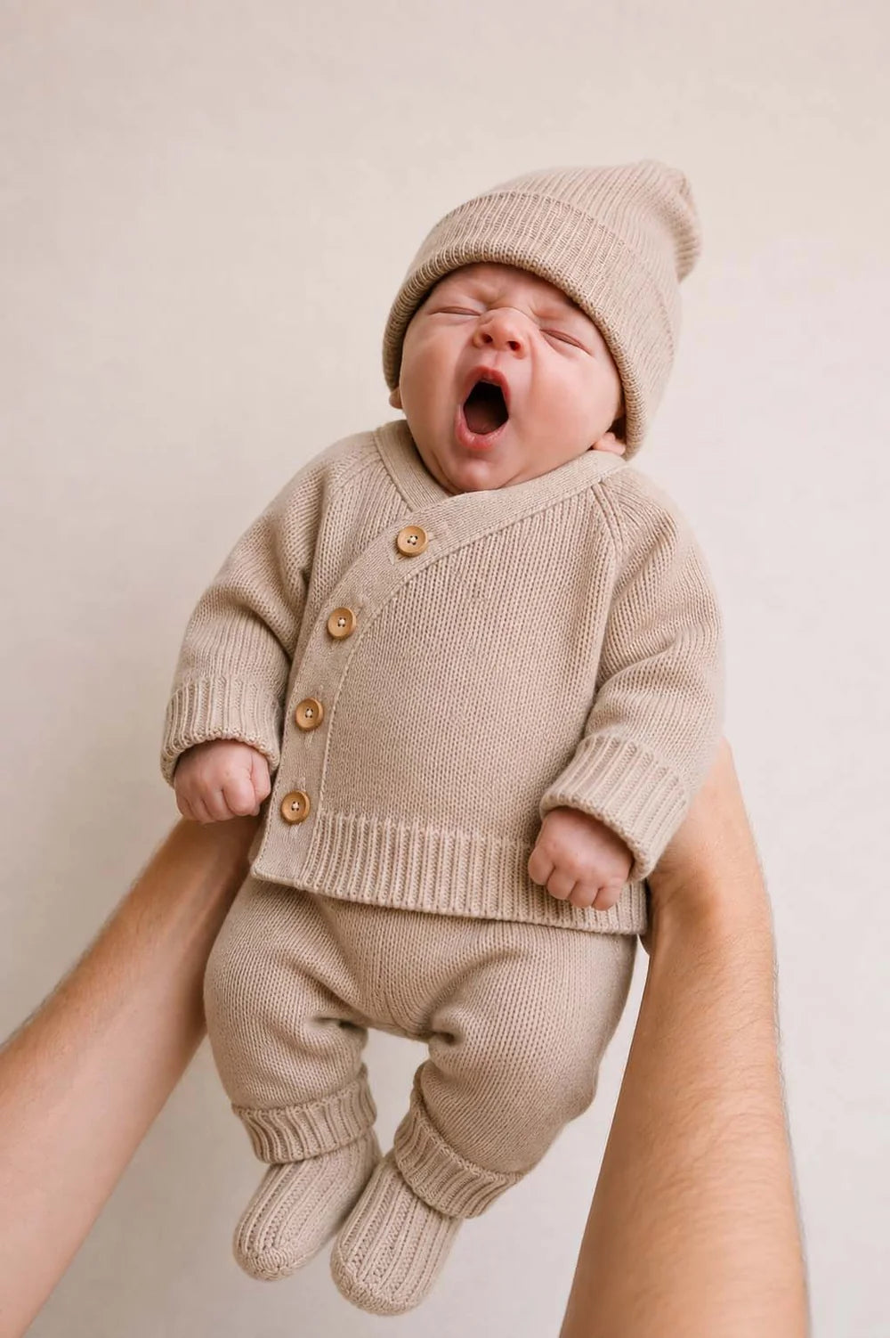 naturfarbene Wickeljacke für Babys aus 100% Merinowolle mit seitlich verlaufender Knopfleiste, V-Ausschnitt, langen Ärmeln und gerippten Bündchen. Getragen von einem Baby, das von zwei Armen in die Höhe gehalten wird und herzhaft gähnt. Kombiniert mit der Halfen Grobstrick Leggings in natur. 