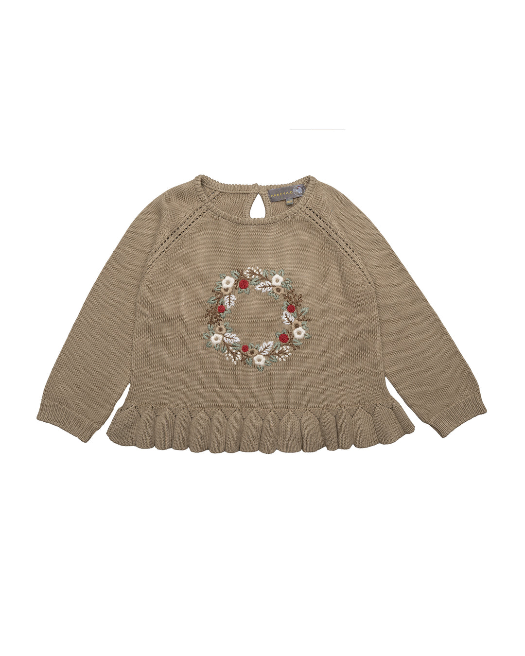 korianderfarbender Strick-Pullover für Mädchen aus Bio-Baumwolle mit ausgestelltem Saum und gesticktem Blumenkranz in winterlichen Farben
