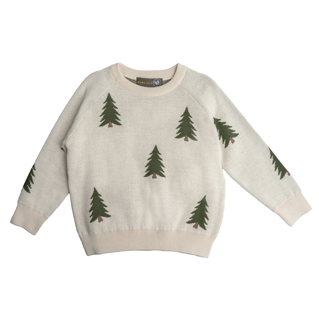 elfenbeinfarbener Strickpullover für Babys und Kinder aus Bio-Baumwolle mit eingestricktem Tannenbaum-Motiv