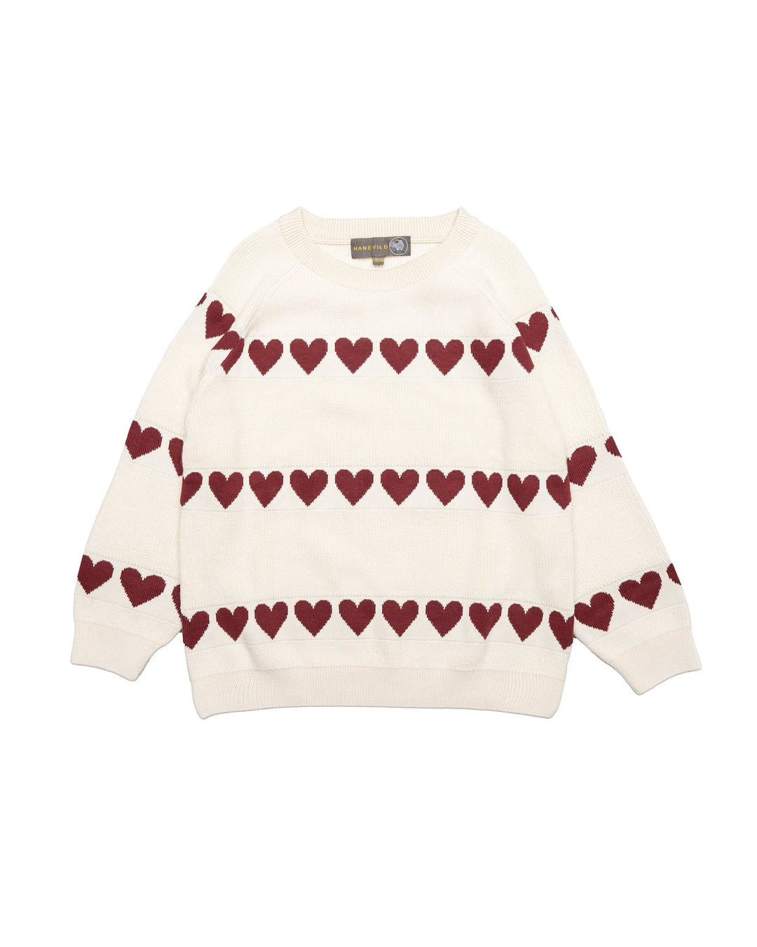 weißer Strickpullover für Mädchen aus Ökotex-Baumwolle in Ripp-Struktur mit roten Herzreihen