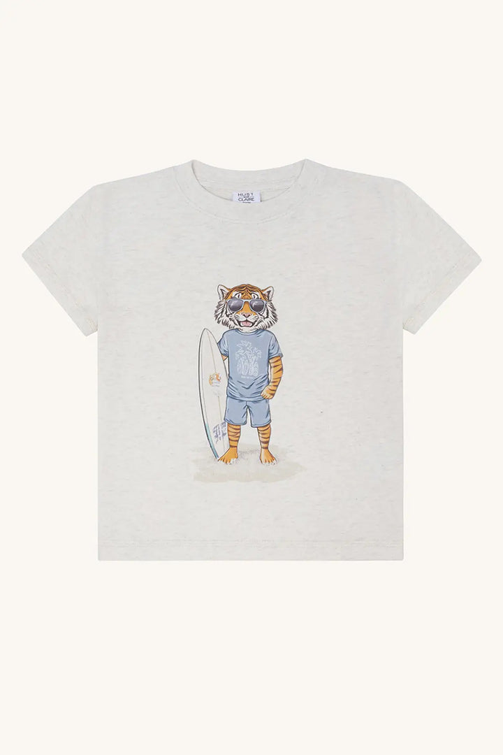 hellgraumeliertes T-Shirt für Jungen aus Baumwolle mit Tiger-Surfbrett-Print auf der Vorderseite, Produktbild, Ansicht Vorderseite