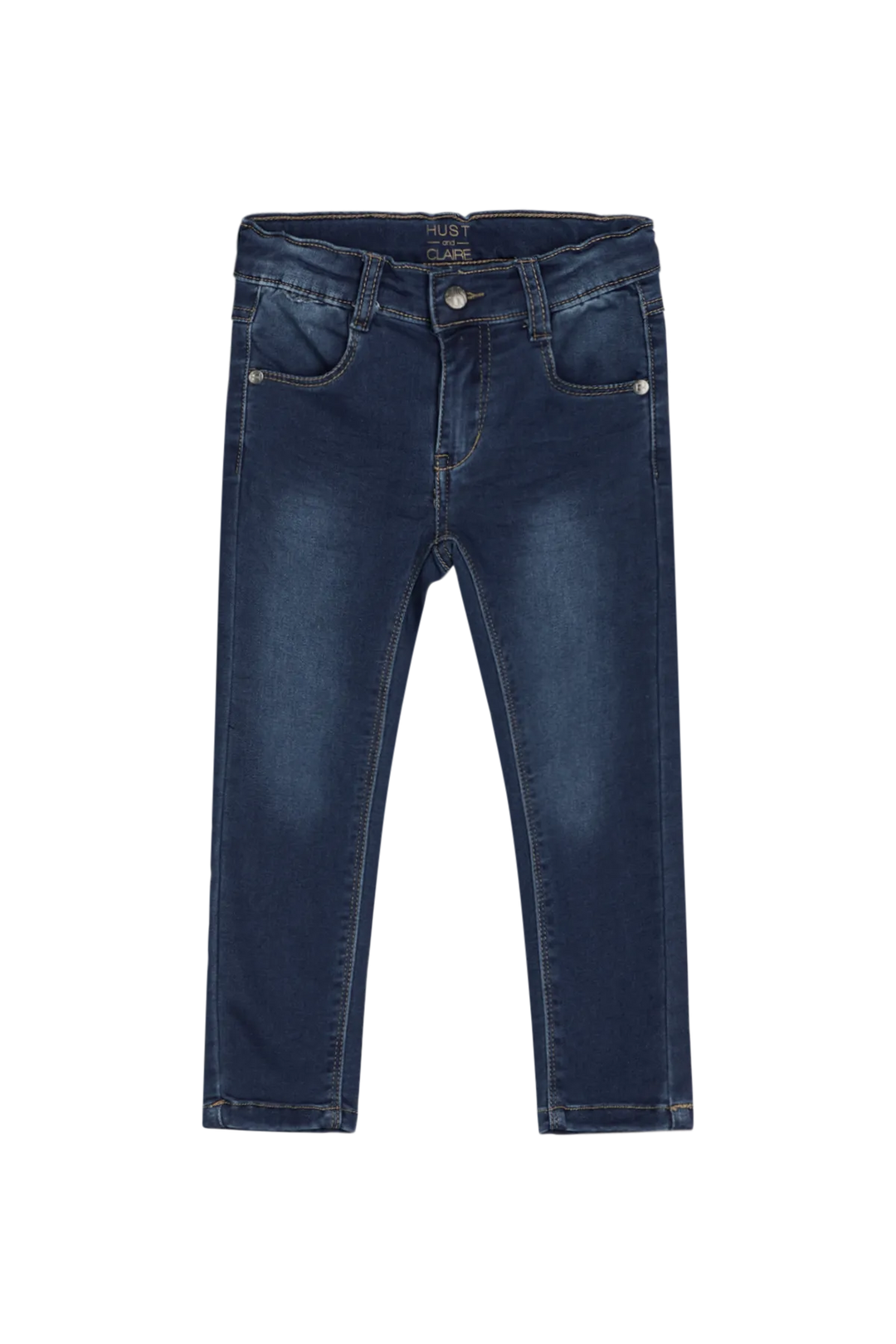 dunkelblaue Jeans für Kinder aus Baumwolle, Polyester und Elasthan mit leichten Verwaschungen auf den Oberschenkeln und gerade bis eng geschnittenem Bein, weiche und dehnbar