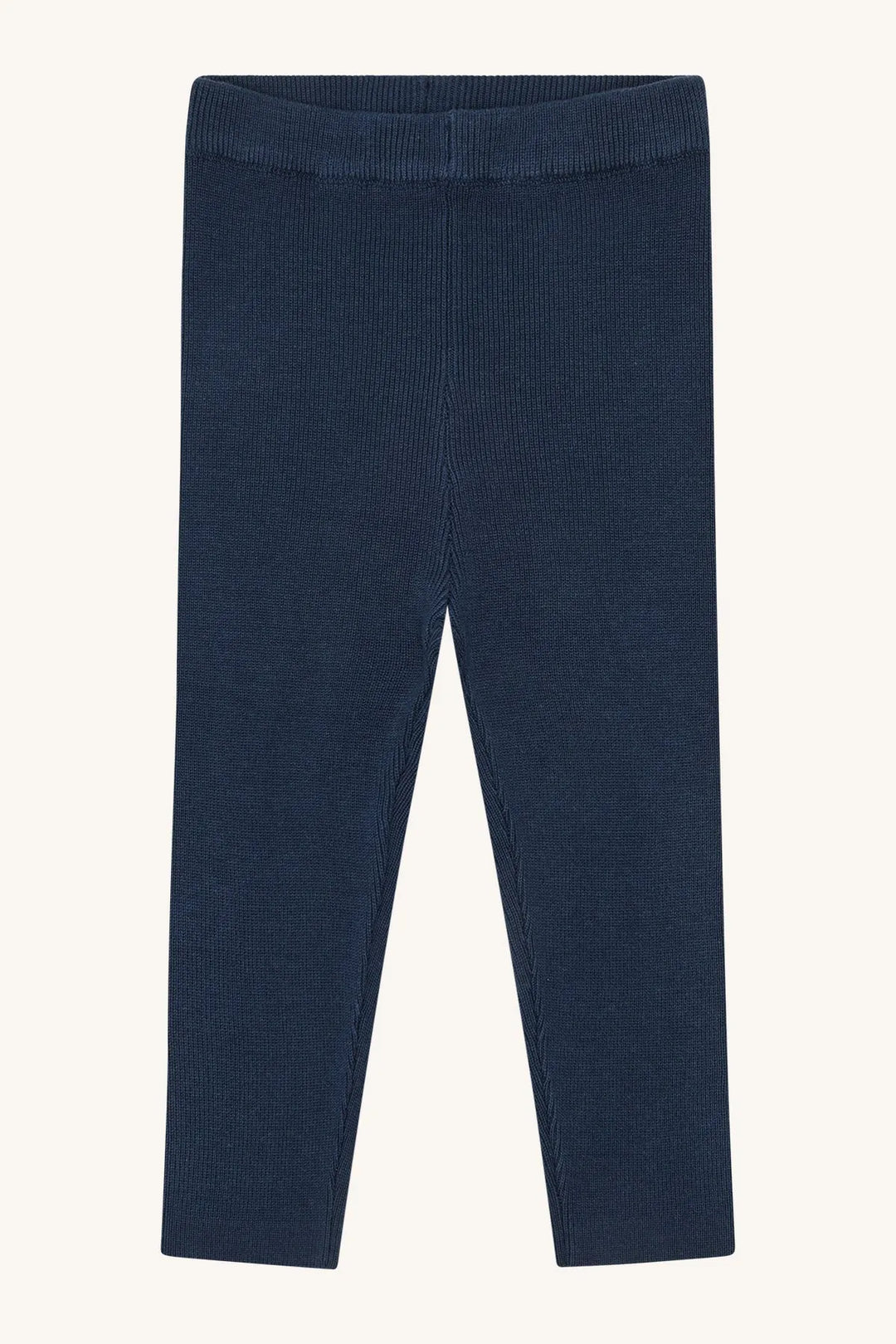 dunkelblaue gestrickte Hose aus Viskose aus Bambus und Baumwolle mit breitem Gummibund und geradem Bein