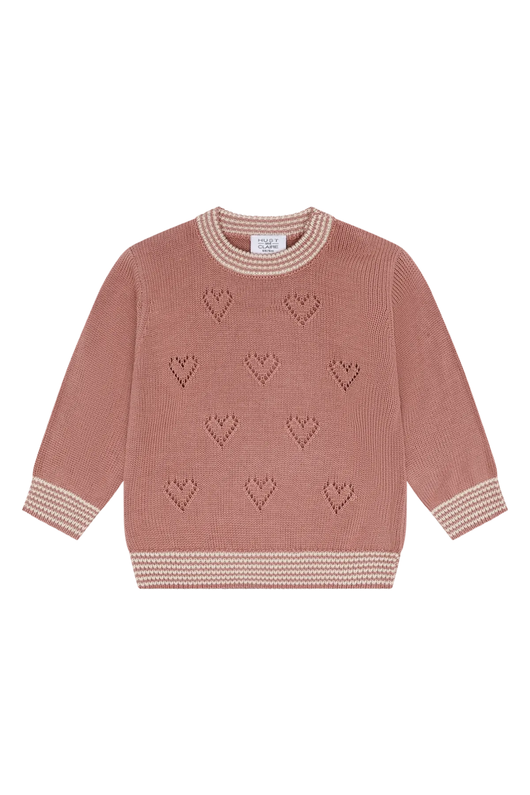 altrosafarbener Strickpullover aus Bambus-Viskose und Baumwolle für Mädchen mit Herzmuster auf der Vorderseite und rosa-weiß gestreiften Säumen an Ärmeln, Bund und Rundhalsausschnitt