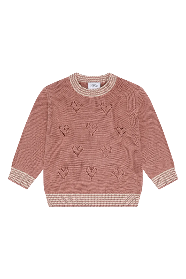 altrosafarbener Strickpullover aus Bambus-Viskose und Baumwolle für Mädchen mit Herzmuster auf der Vorderseite und rosa-weiß gestreiften Säumen an Ärmeln, Bund und Rundhalsausschnitt