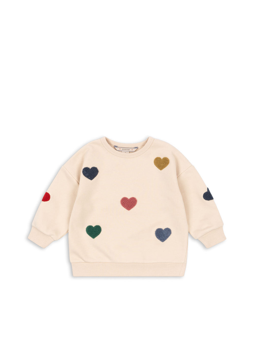 Sweatshirt für Mädchen aus Bio Baumwolle cremefarben mit bunten Herzen aus Frottee