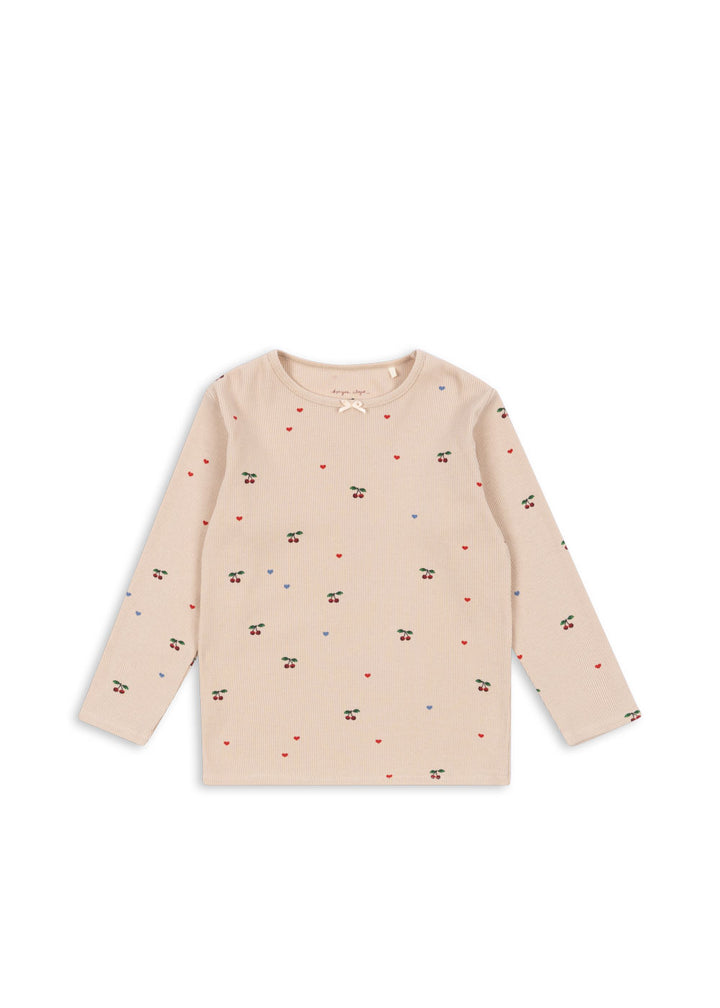 Langarmshirt für Mädchen mit Herzprint und Kirschprint in Rippstruktur aus Bio-Baumwolle