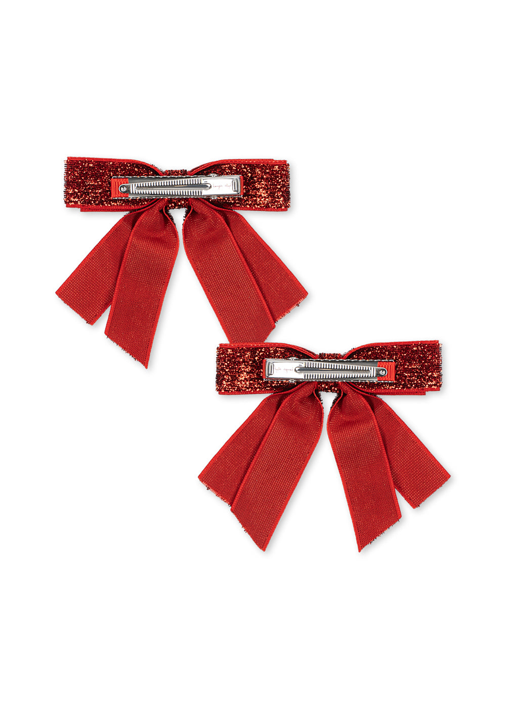 Konges Sloejd 2 Pa k Velvet Double Bow Hair Clips red glitter Produktbild, Ansicht der Rückseite mit Blick auf die Klammern. 