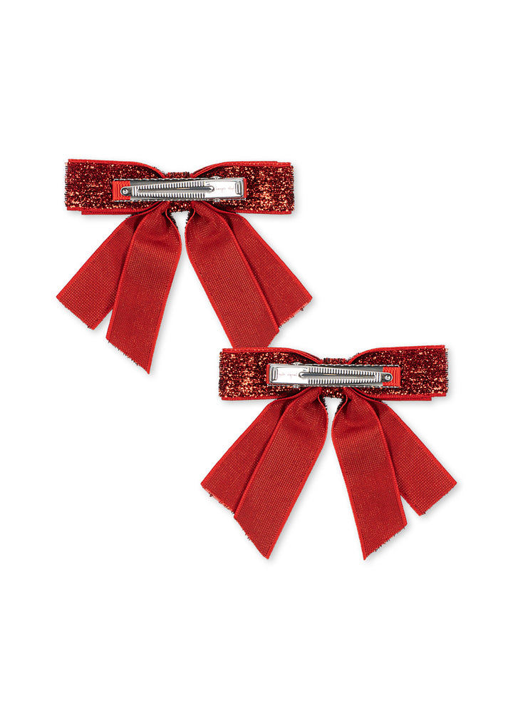 Konges Sloejd 2 Pa k Velvet Double Bow Hair Clips red glitter Produktbild, Ansicht der Rückseite mit Blick auf die Klammern. 