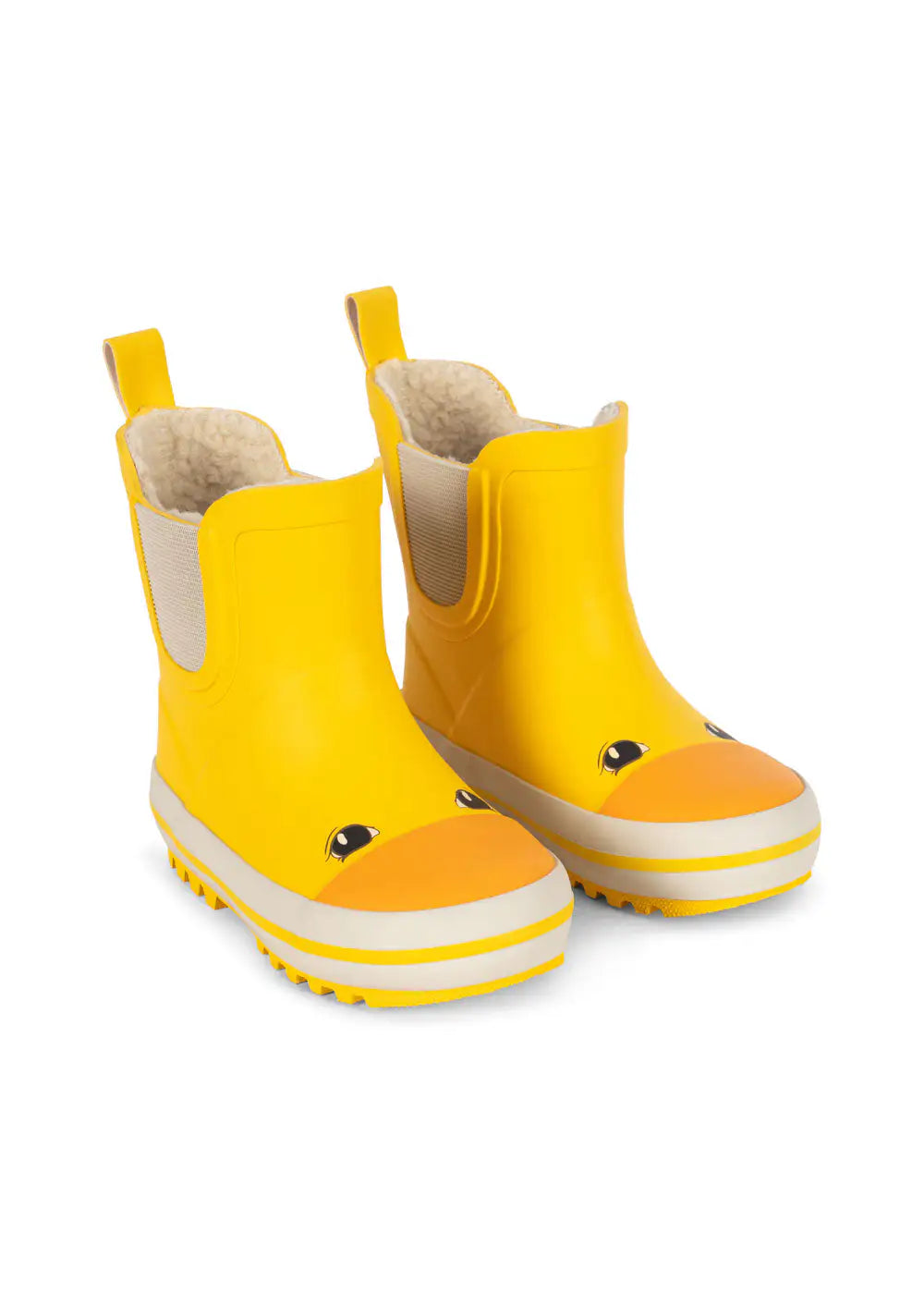 gelbe Gummistiefel für Kinder aus Gummi mit Fleece-Futter, orangefarbenem Entenschnabel und schwarzen Augen, rutschfester Sohle und elastischem Gummi an der Seite für leichtes An- und Ausziehen. Produktbild, Ansicht von vorne. 