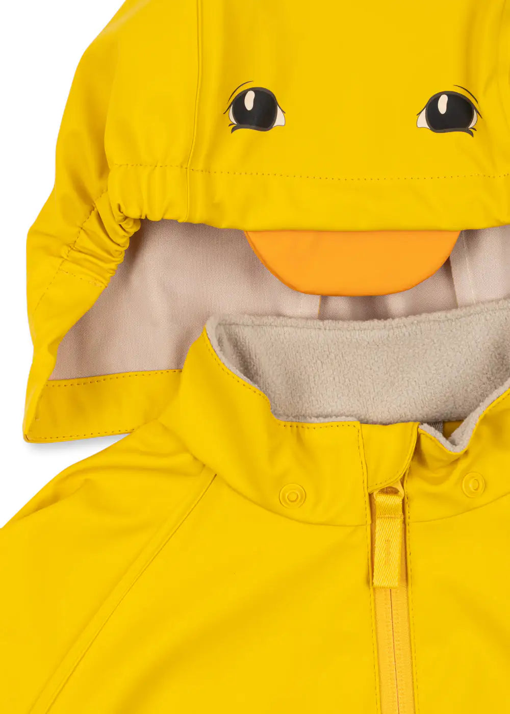 Konges Sloejd Anneli Rain Set solar power Detailaufnahme Kapuze mit Entenschnabel und Augen. 