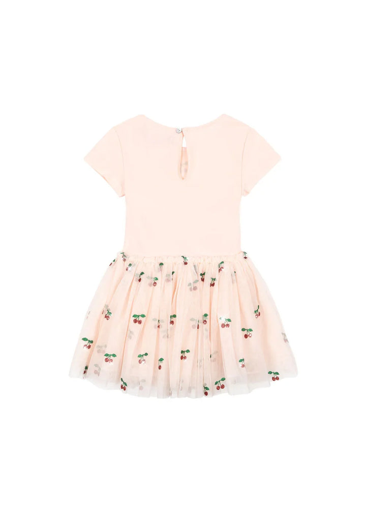 Konges Sloejd Ballerina Dress cherry glitter Ansicht von hinten mit Blick auf Knopfverschluss im Nacken und die glitzernden Kirschen auf dem Rock