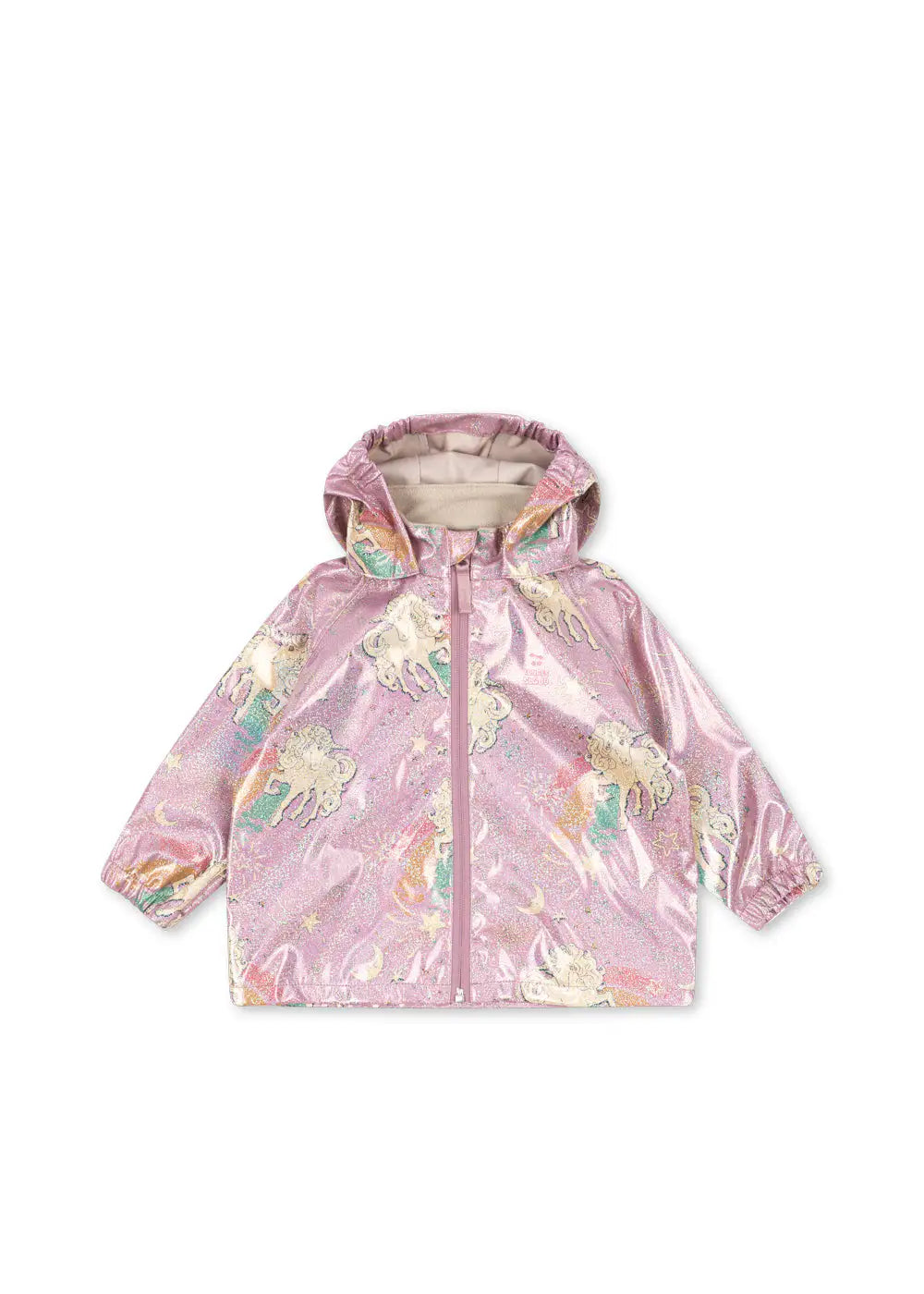 rosafarbene Regenjacke für Mädchen mit Glitzer-Effekt und buntem Einhorn-Regenbogen-Muster, abnehmbarer Kapuze, durchgehendem Reißverschluss und Gummibündchen an den Armen. Produktbild, Ansicht von vorne. 