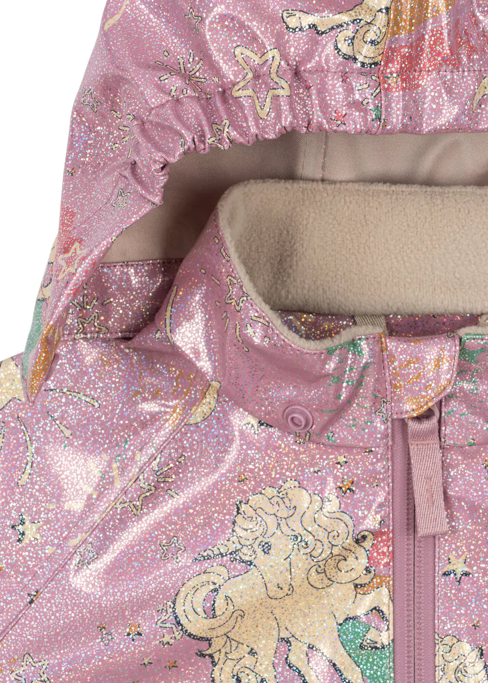 Konges Sloejd Calina Rain Jacket born to sparkle Detailansicht Stehkragen, Kapuze und Reißverschluss, mit Glitzer-Effekt