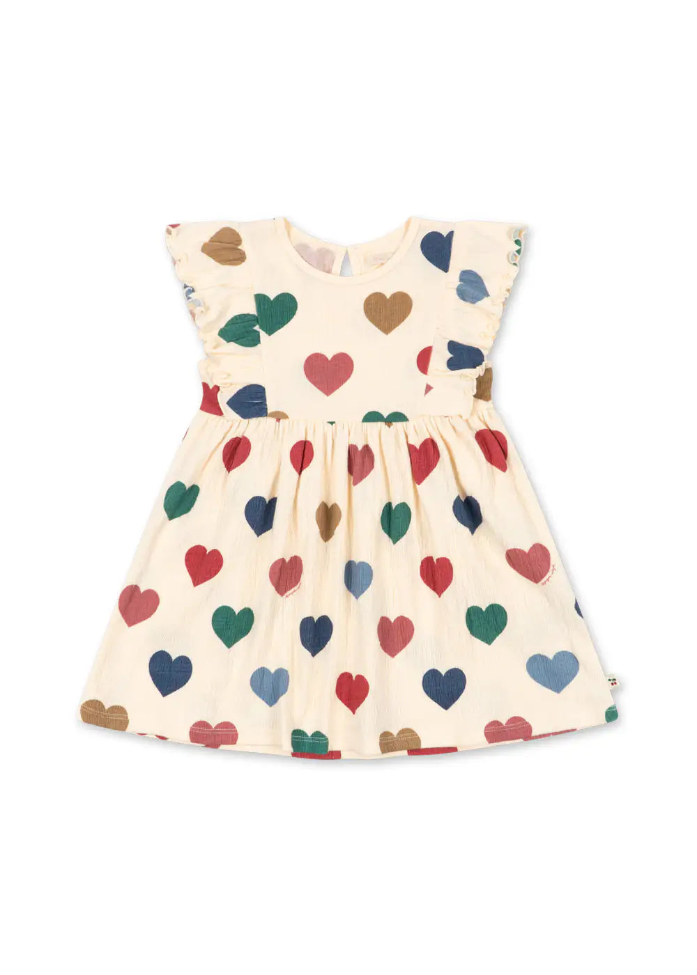 cremefarbenes, ärmelloses Kleid für Mädchen aus Bio-Baumwolle mit buntem Herz-Allover-Print, Rundhalsausschnitt, Rüschendetails von der Taille bis zur Schulter, A-Linie