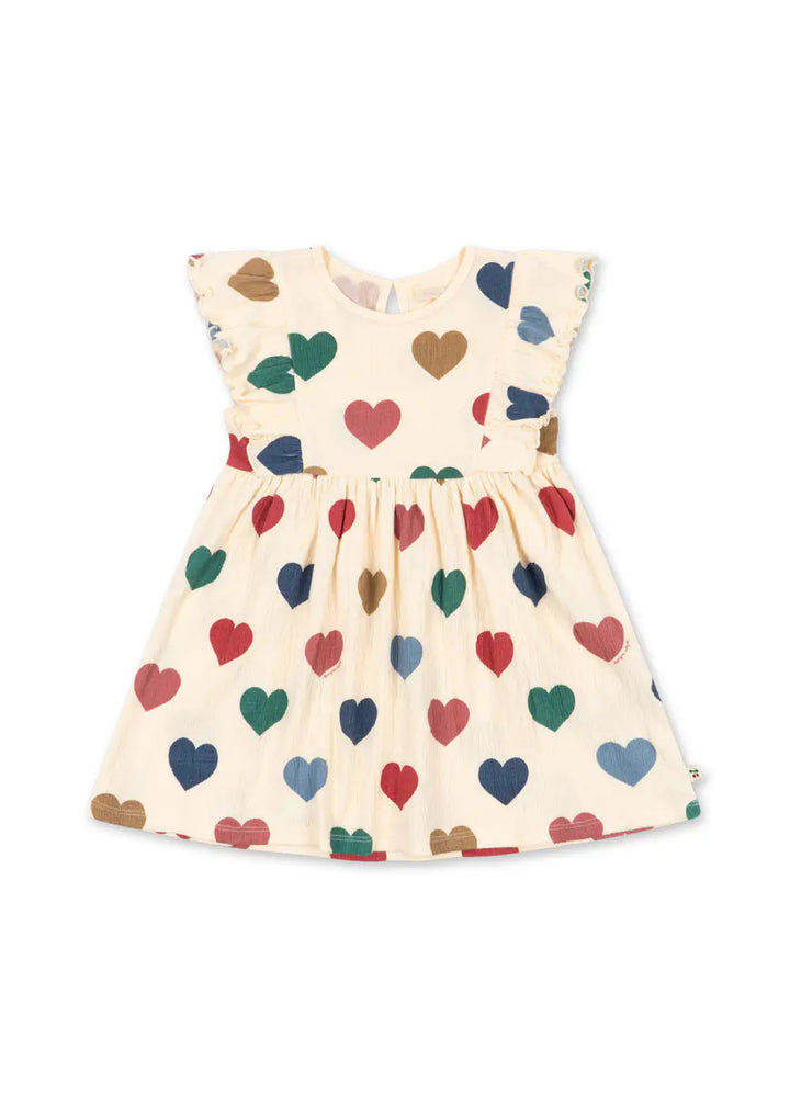 cremefarbenes, ärmelloses Kleid für Mädchen aus Bio-Baumwolle mit buntem Herz-Allover-Print, Rundhalsausschnitt, Rüschendetails von der Taille bis zur Schulter, A-Linie