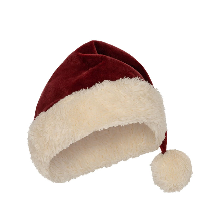 Weihnachtsmann Mütze für Kinder mit rotem Samt und weißem Kontraststoff. Produktbild, Ansicht von vorne. 