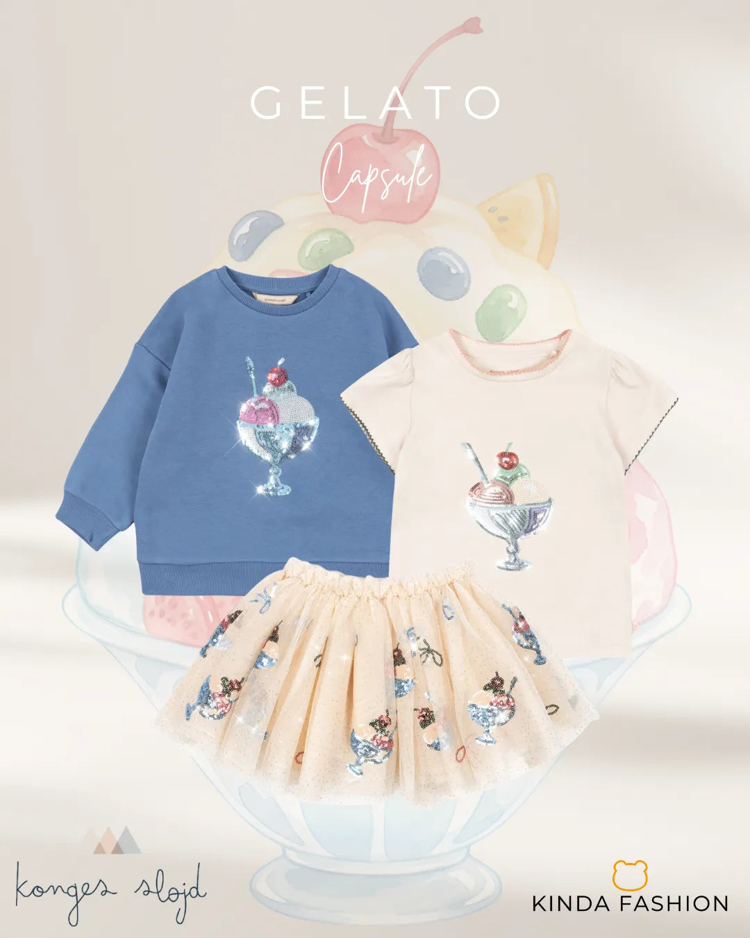 Kombination aller Eisbecher Designs von Konges Sloejd in Sommer 2026: blaues Sweatshirt Loumilla, cremefarbenes T-Shirt Famo und Tüllrock Yvonne