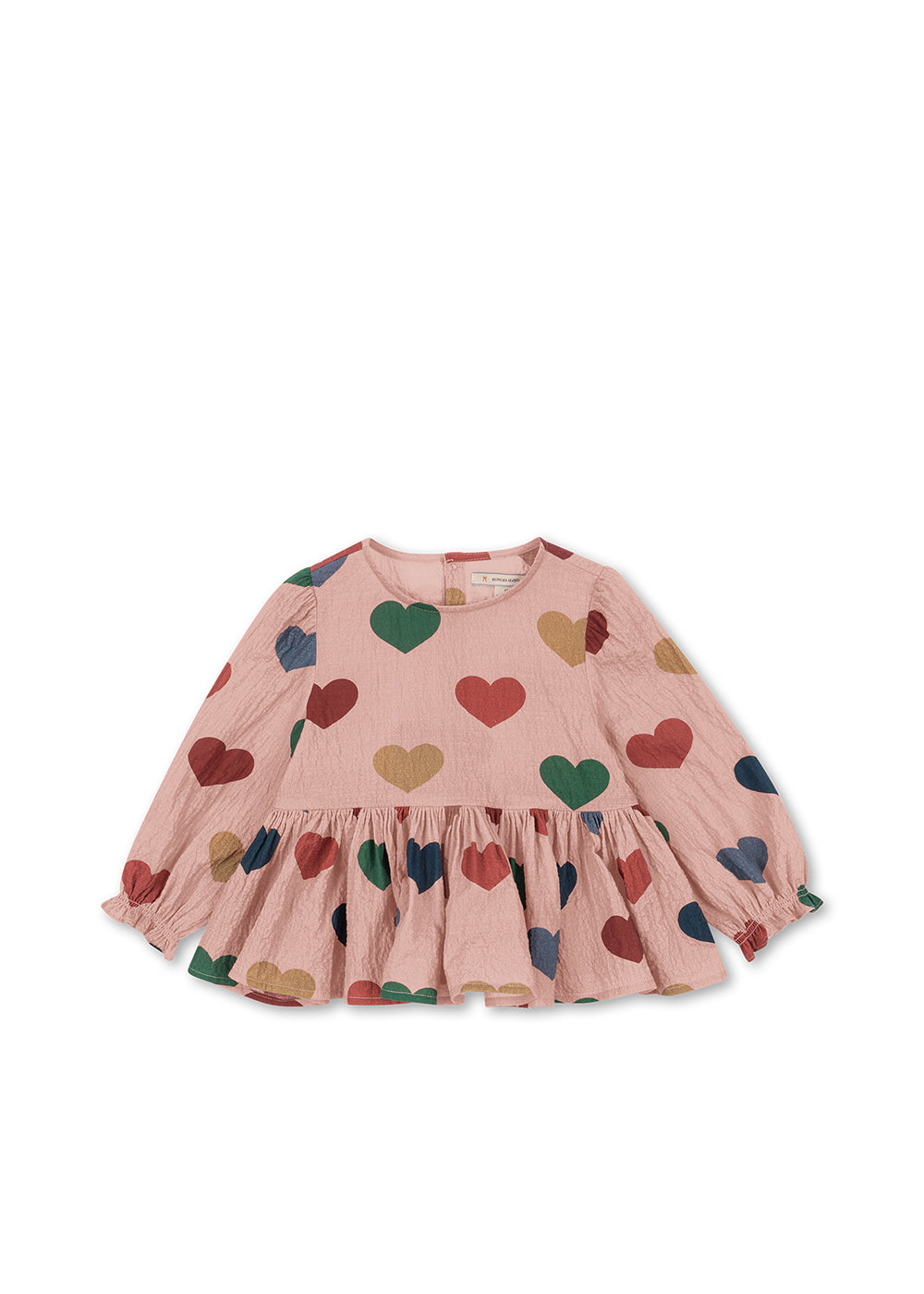 Bluse für Mädchen aus Bio-Baumwolle rosafarben mit buntem Herz-Print und Peplum-Saum