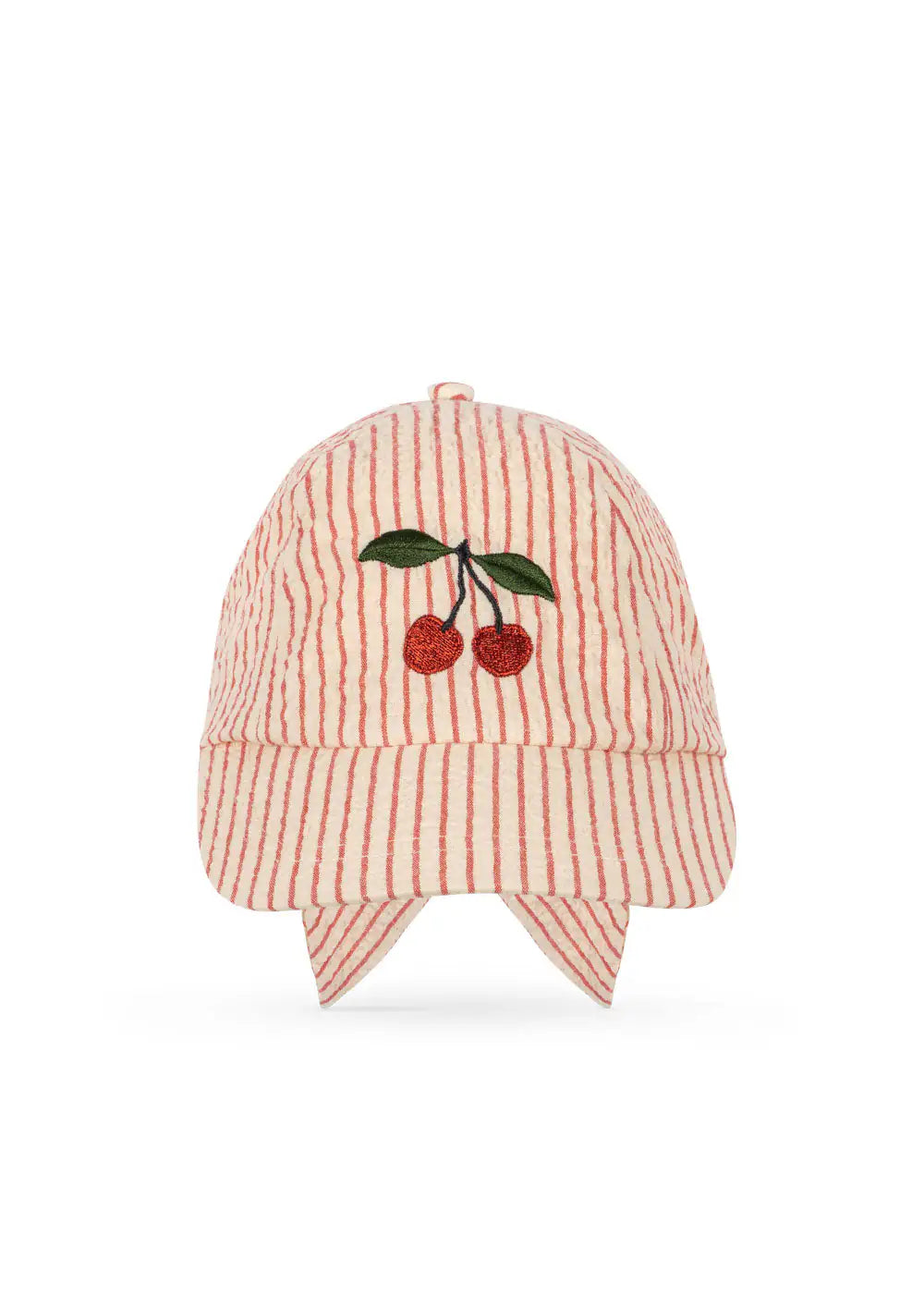 Konges Sloejd Ellie Bow Cap GOTS amour stripe Detailansicht aufgestickte Kirsche auf der Vorderseite
