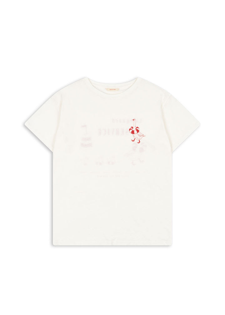 weißes T-Shirt für Frauen aus Baumwolle und Leinen mit roter, aufgedruckter Gans auf Höhe der linken Brust, die einen Rettungsring um den Hals trägt