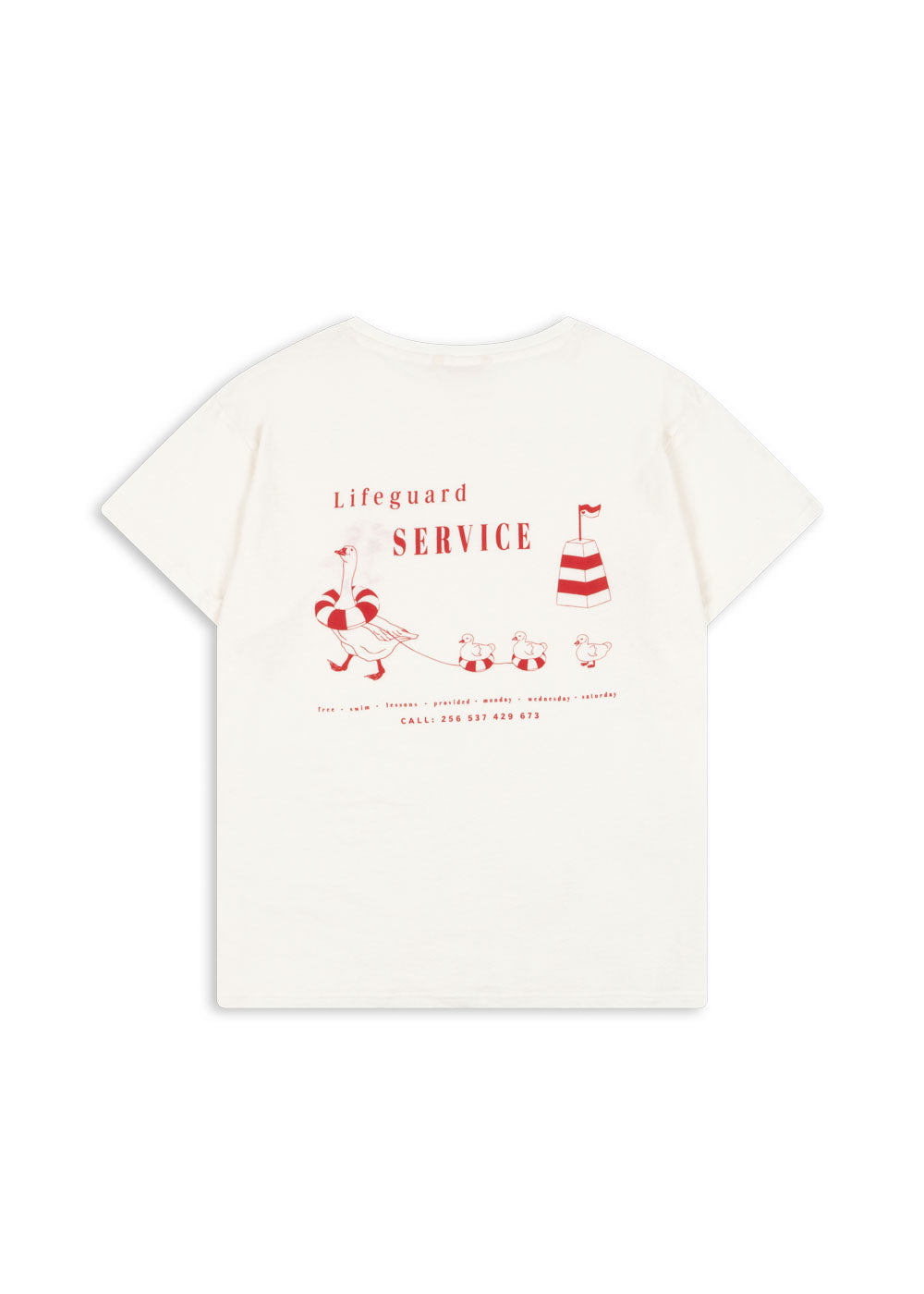 Konges Sloejd Era Mommy Tee OCS off white/lifeguard service Produktbild, Ansicht der Rückseite, hier Print in rot einer Rettungsschwimmer-Gans mit drei kleinen Gänsen im Schlepptau
