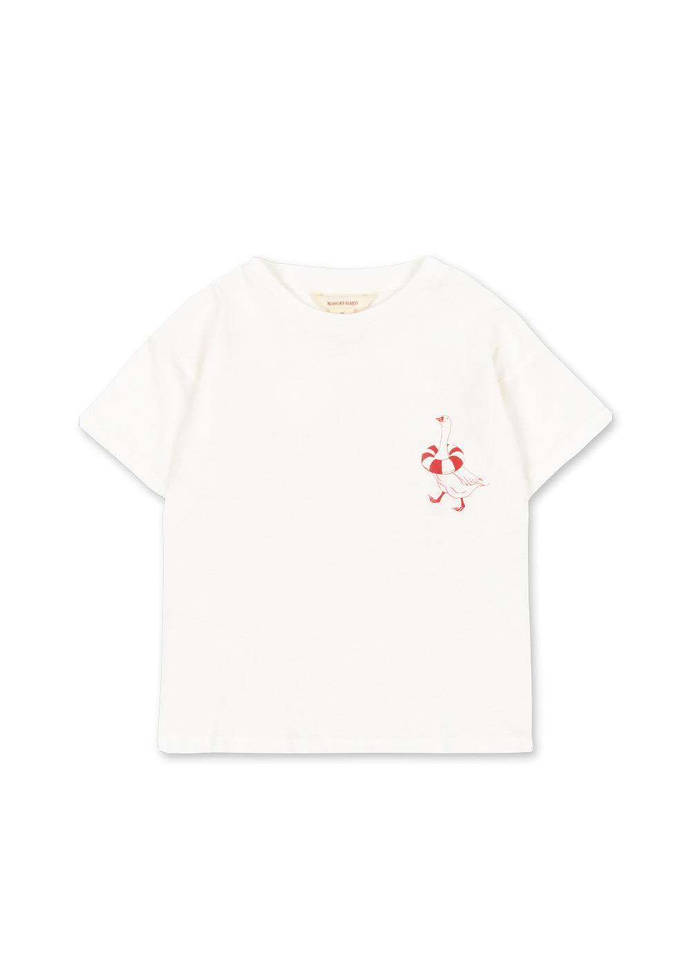 weißes T-Shirt für Kinder aus Baumwolle und Leinen mit rotem Print einer Rettungsschwimmer-Gans auf Höhe der linken Brust. Rundhalsausschnitt