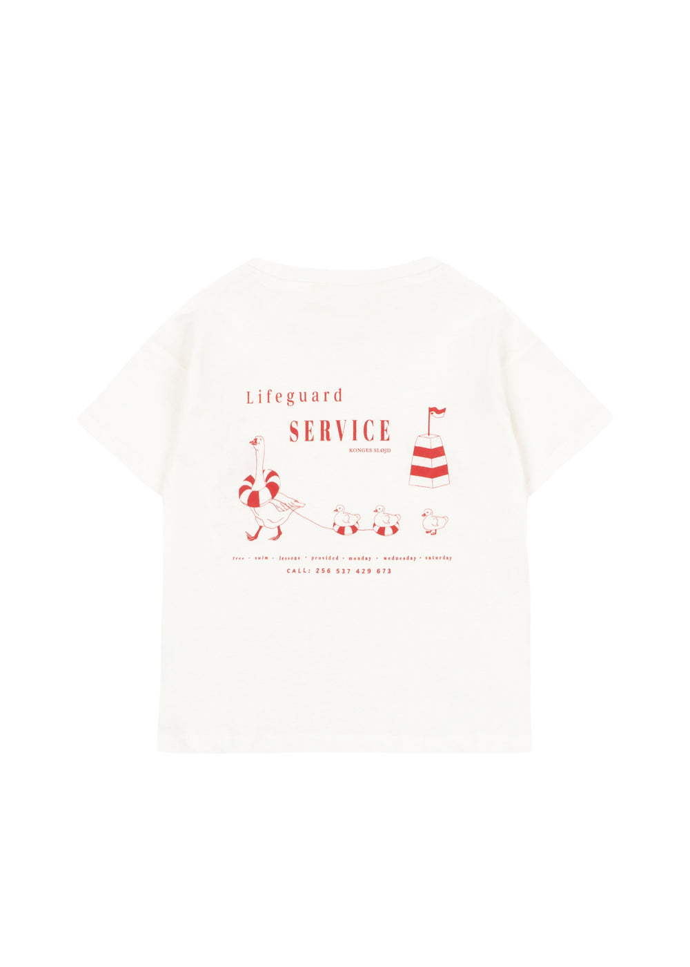 Konges Sloejd Era Tee OCS off white/lifeguard service Produktbild, Ansicht der Rückseite, hier Print einer Rettungsschwimmer-Gans mit Gänse-Schülern im Schlepptau und dem Schriftzug Lifeguard Service