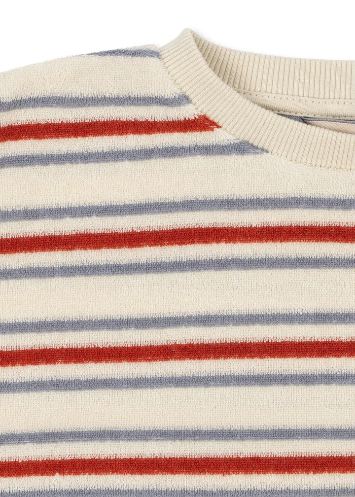 Konges Sloejd Itty Rib Sweat Shirt GOTS wind stripe  Detailaufnahme Frottee-Struktur und Rundhalsausschnitt