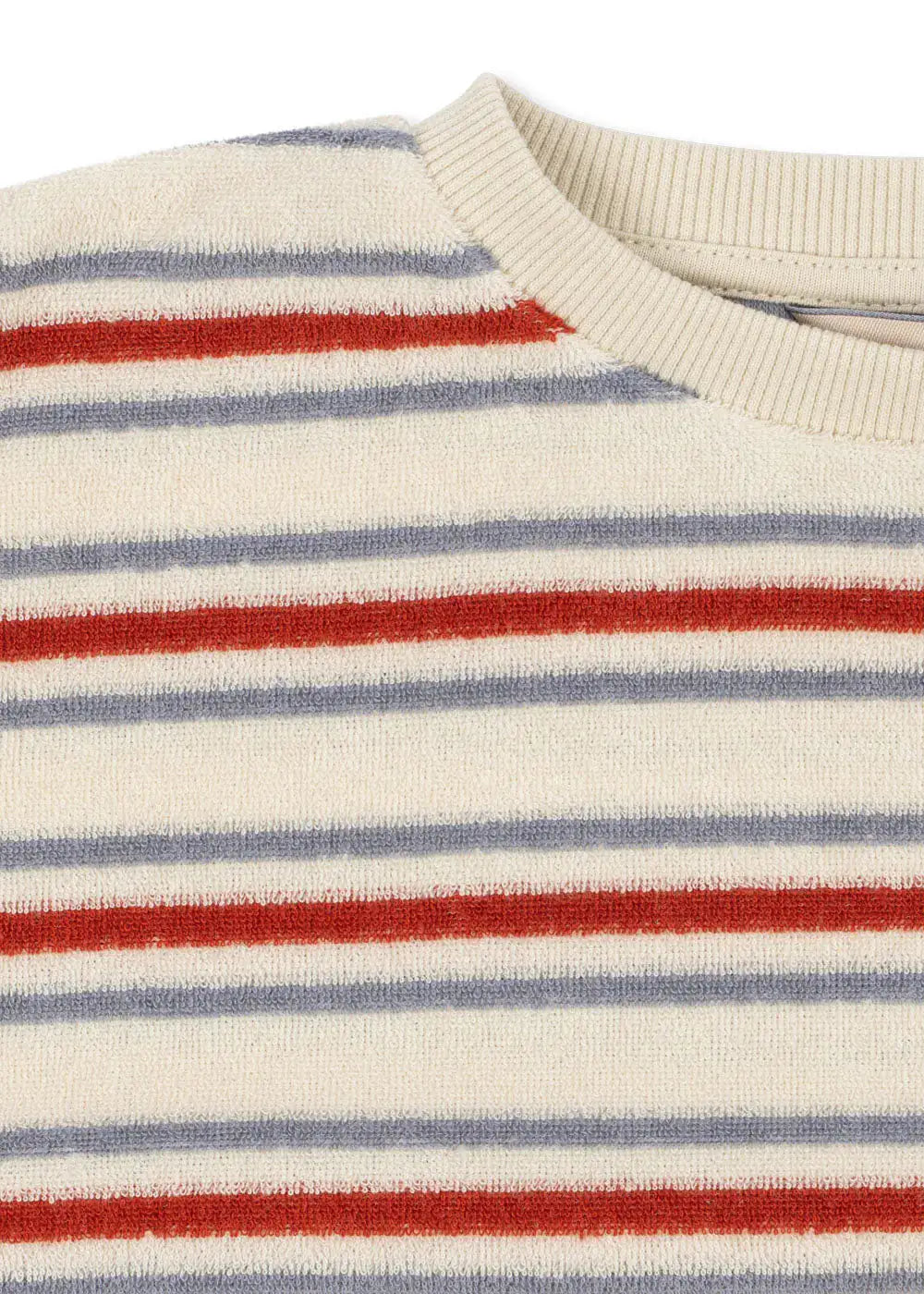 Konges Sloejd Itty Rib Sweat Shirt GOTS wind stripe  Detailaufnahme Frottee-Struktur und Rundhalsausschnitt