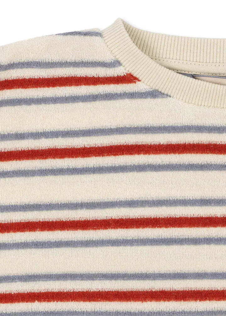Konges Sloejd Itty Rib Sweat Shirt GOTS wind stripe  Detailaufnahme Frottee-Struktur und Rundhalsausschnitt