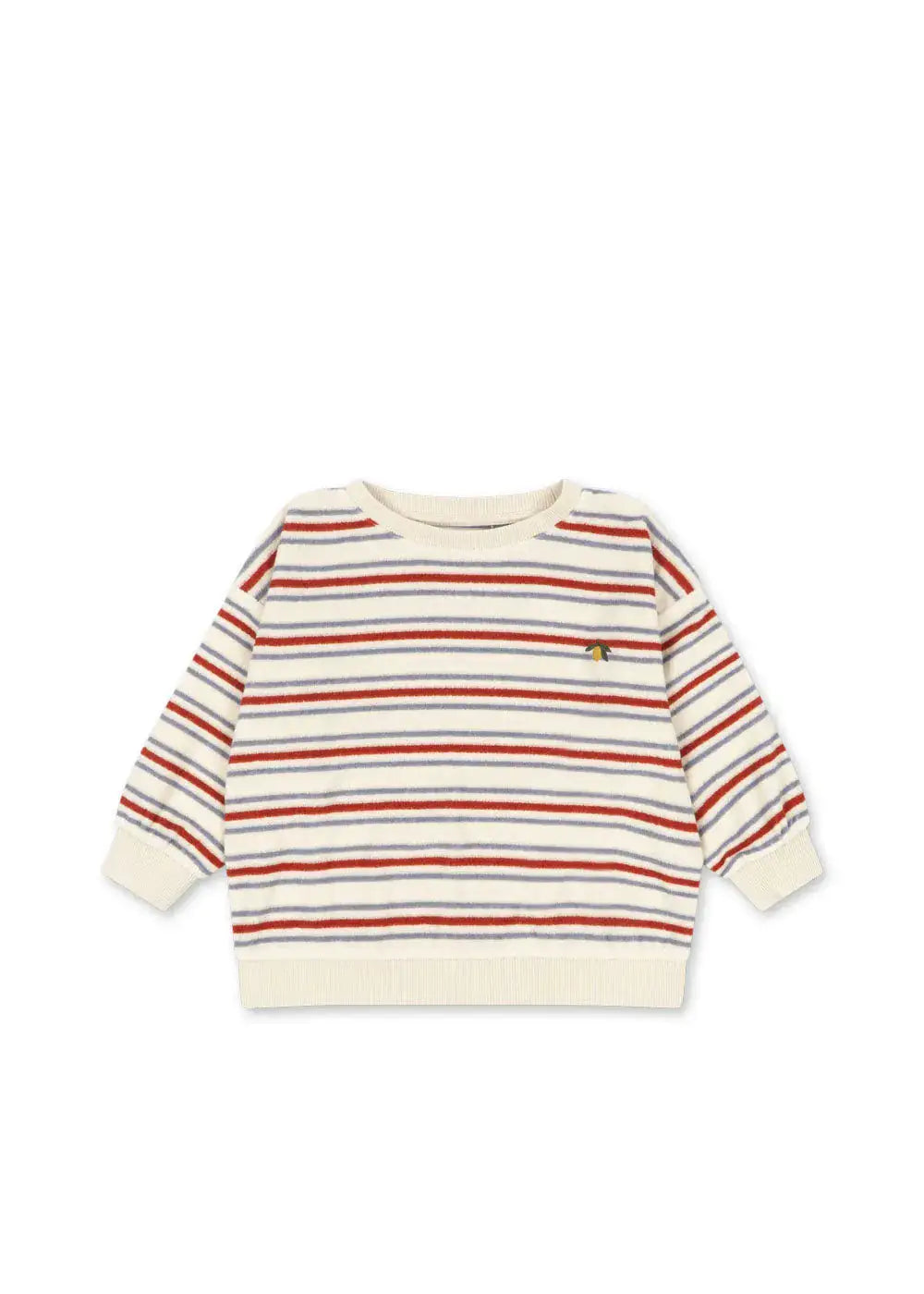 cremefarbenes Frottee-Sweatshirt für Babys und Kinder aus Bio-Baumwolle und recyceltem Polyester mit blauen und roten Streifen und einer kleinen Zitronen-Stickerei auf Höhe der linken Brust