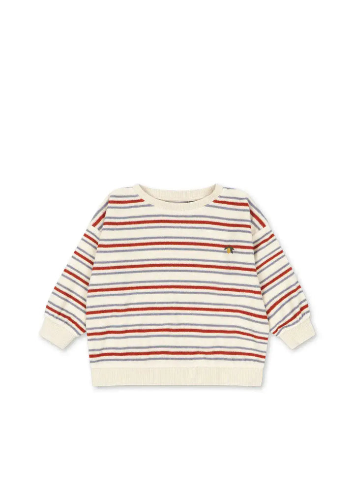 cremefarbenes Frottee-Sweatshirt für Babys und Kinder aus Bio-Baumwolle und recyceltem Polyester mit blauen und roten Streifen und einer kleinen Zitronen-Stickerei auf Höhe der linken Brust