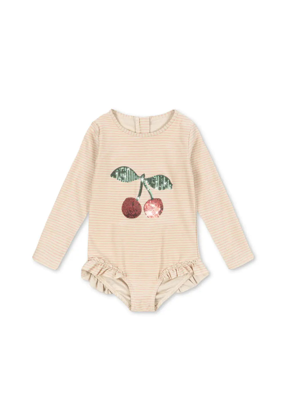 cremefarbener Badeanzug für Mädchen aus glitzerndem Nylongemisch mit rosafarbenen Streifen, großer Kirsche aus Pailletten auf der Vorderseite, langen Ärmeln, Rüschen am Beinausschnitt und Reißverschluss auf dem Rücken 