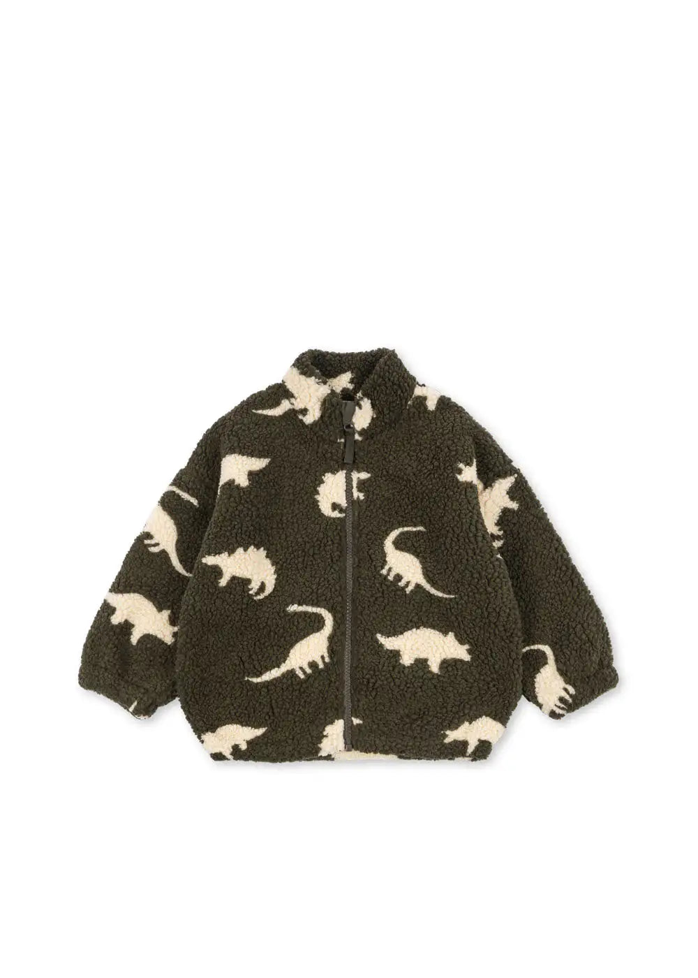 dunkelgrüne Teddy-Fleecejacke für Kinder mit cremefarbenem Dino-Allover-Muster, Stehkragen und durchgehendem Reißverschluss. Produktbild, Ansicht von vorne. 