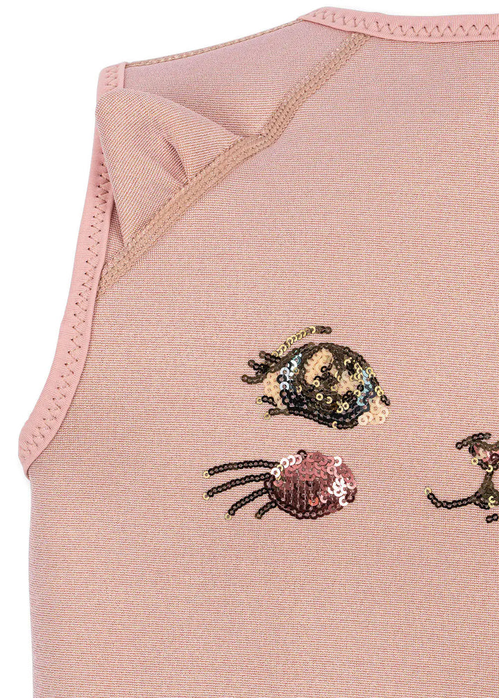 Konges Sloejd Kitty Swim Vest powder pink Detailansicht Katzengesicht aus Pailletten 