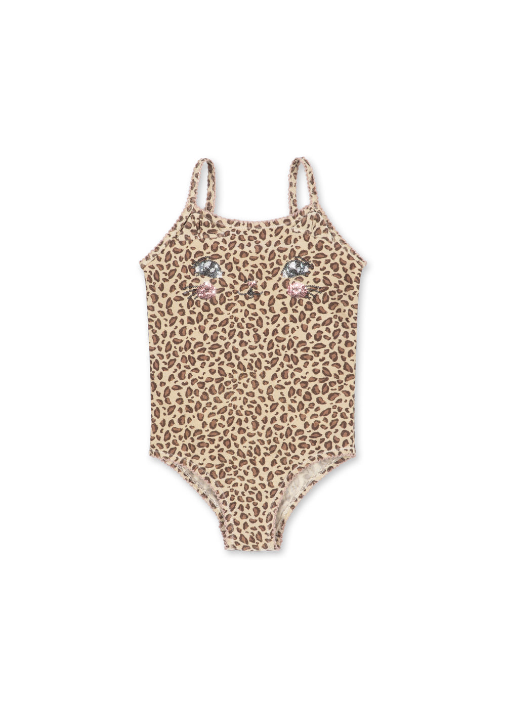 Badenazug für Mädchen mit Leoparden-Muster und Katzengesicht aus Pailletten, Spaghetti-Trägern und rosafarbener Schleife am Rücken