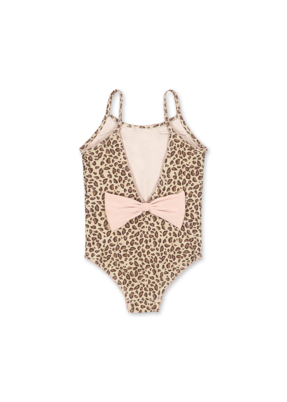 Konges Sloejd Kitty Swimsuit leo Produktbild, Ansicht Rückseite, rosafarbene Schleife am unteren Ende des Rückenausschnitts