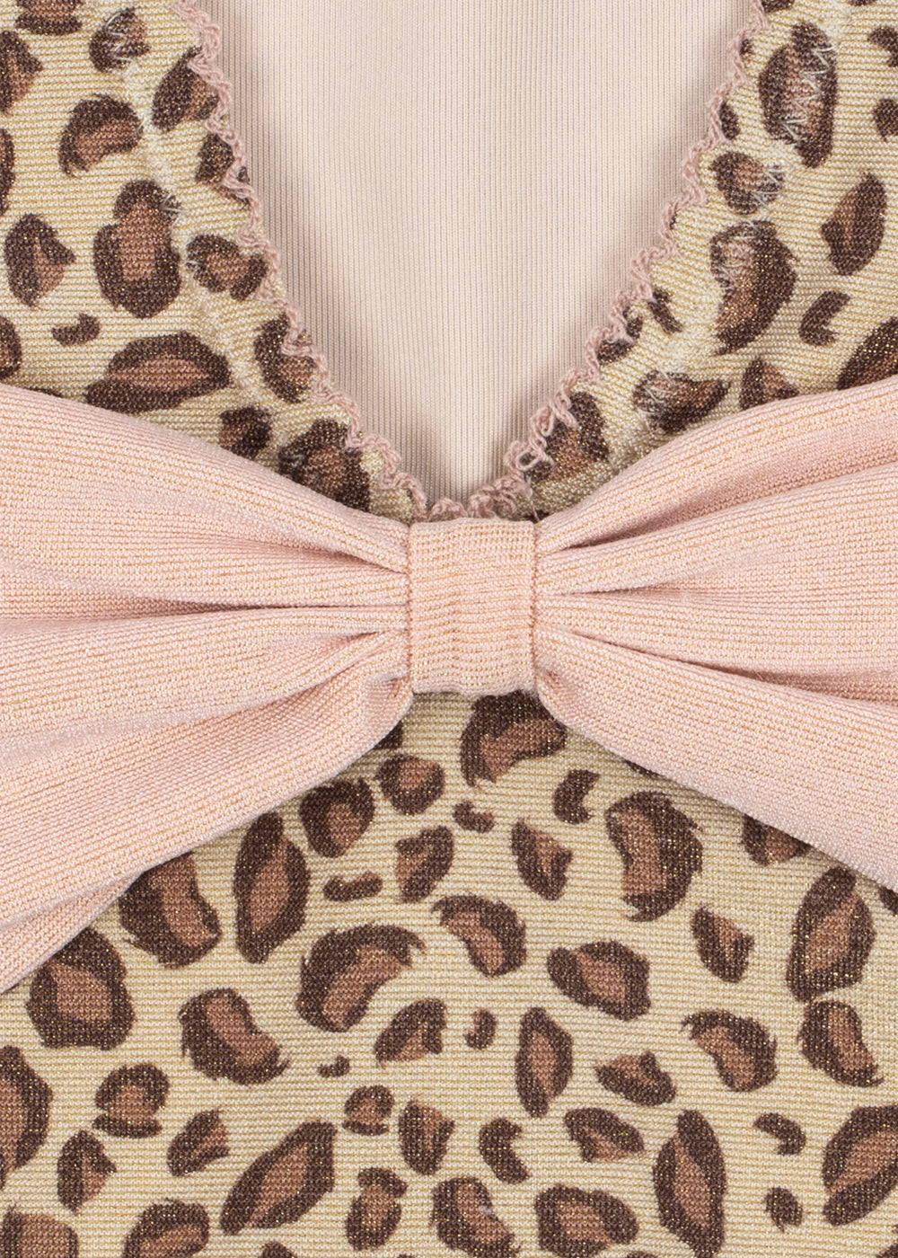 Konges Sloejd Kitty Swimsuit leo Detailansicht glitzerndes Leoparden-Muster und Schleife