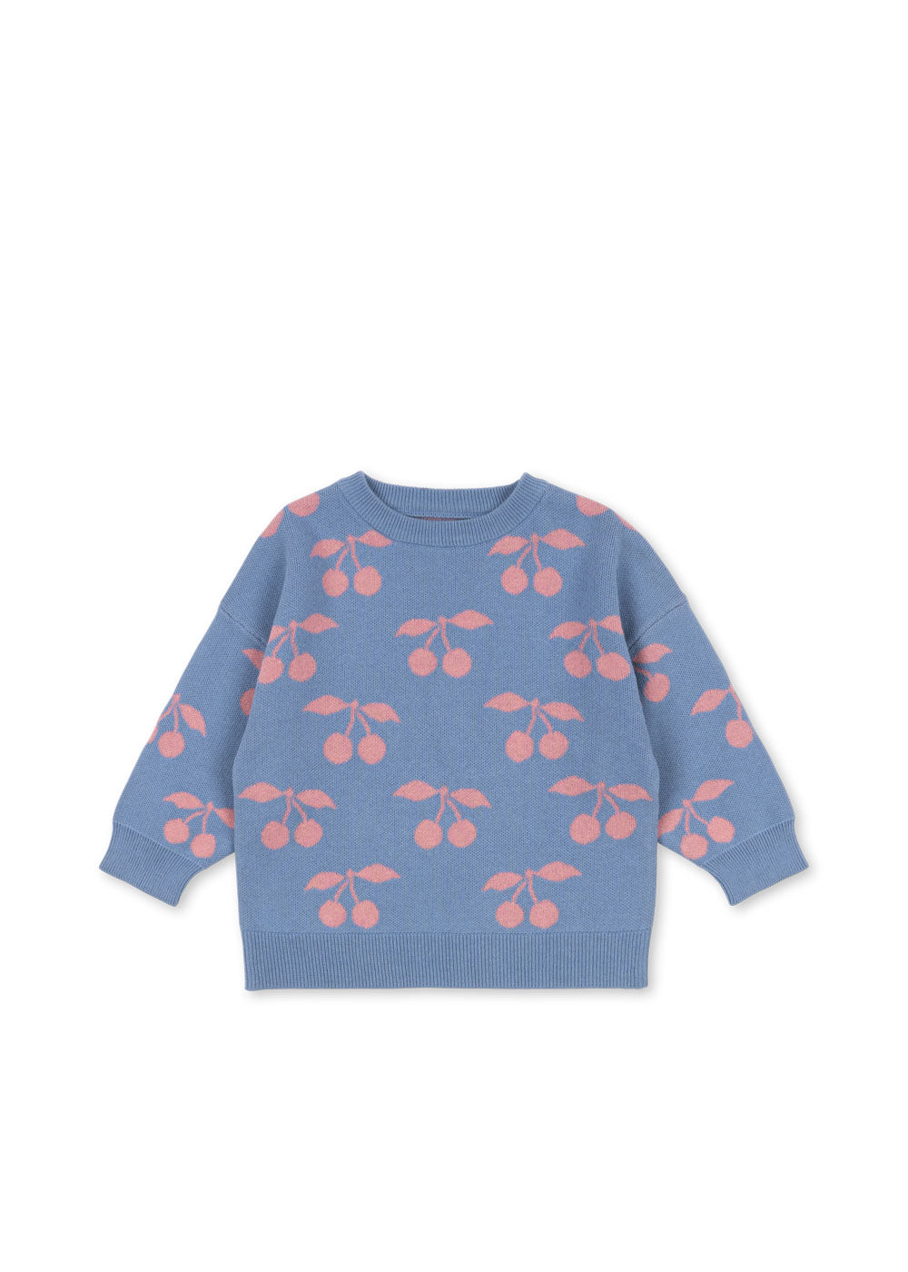 Strick Sweater blau rosa Kirschen Baumwolle
