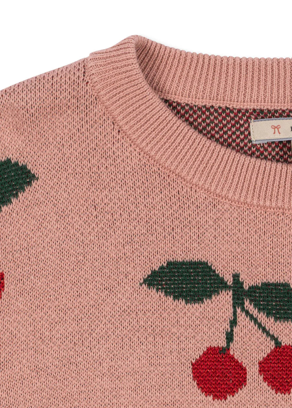 Konges Sloejd Lapis Strickpullover cherry Nahaufnahme Ausschnitt und Kirsch-Muster