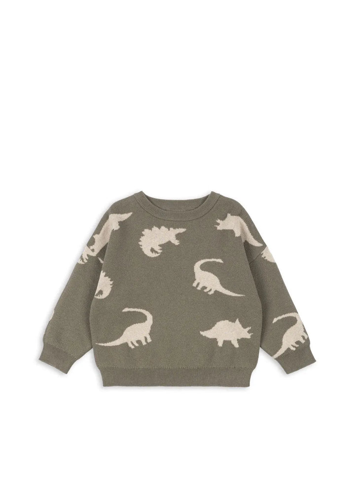 grau-grüner Strickpullover aus Bio-Baumwolle für Jungen mit Rundhalsausschnitt und cremefarbenen Dino-Muster auf dem gesamten Pullover