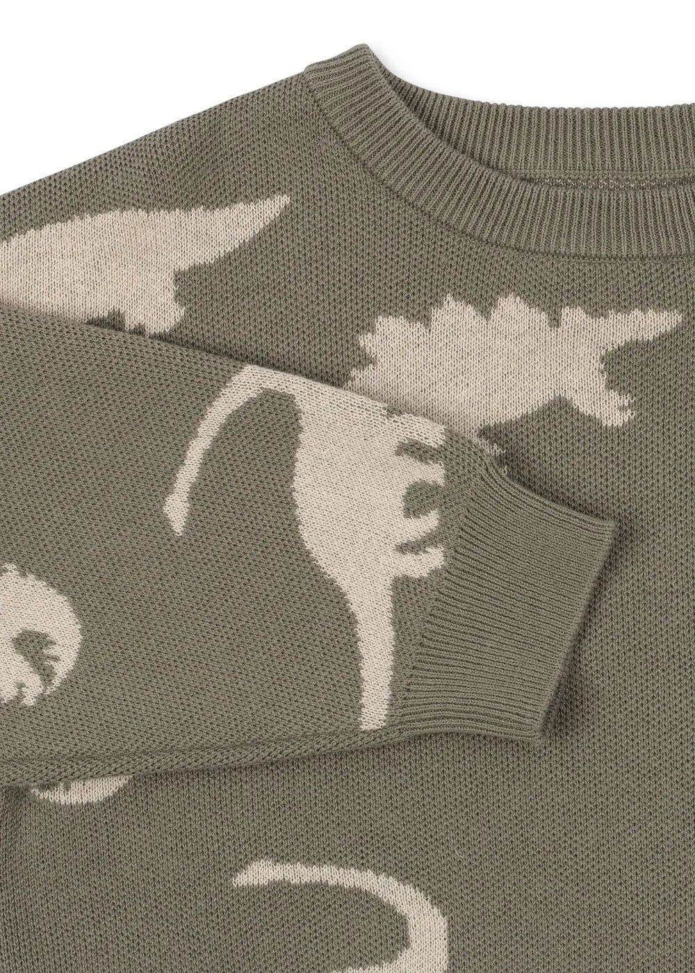 Konges Sloejd Lapis Strcikpullover dino Nahaufnahme Ausschnitt und Dino-Muster