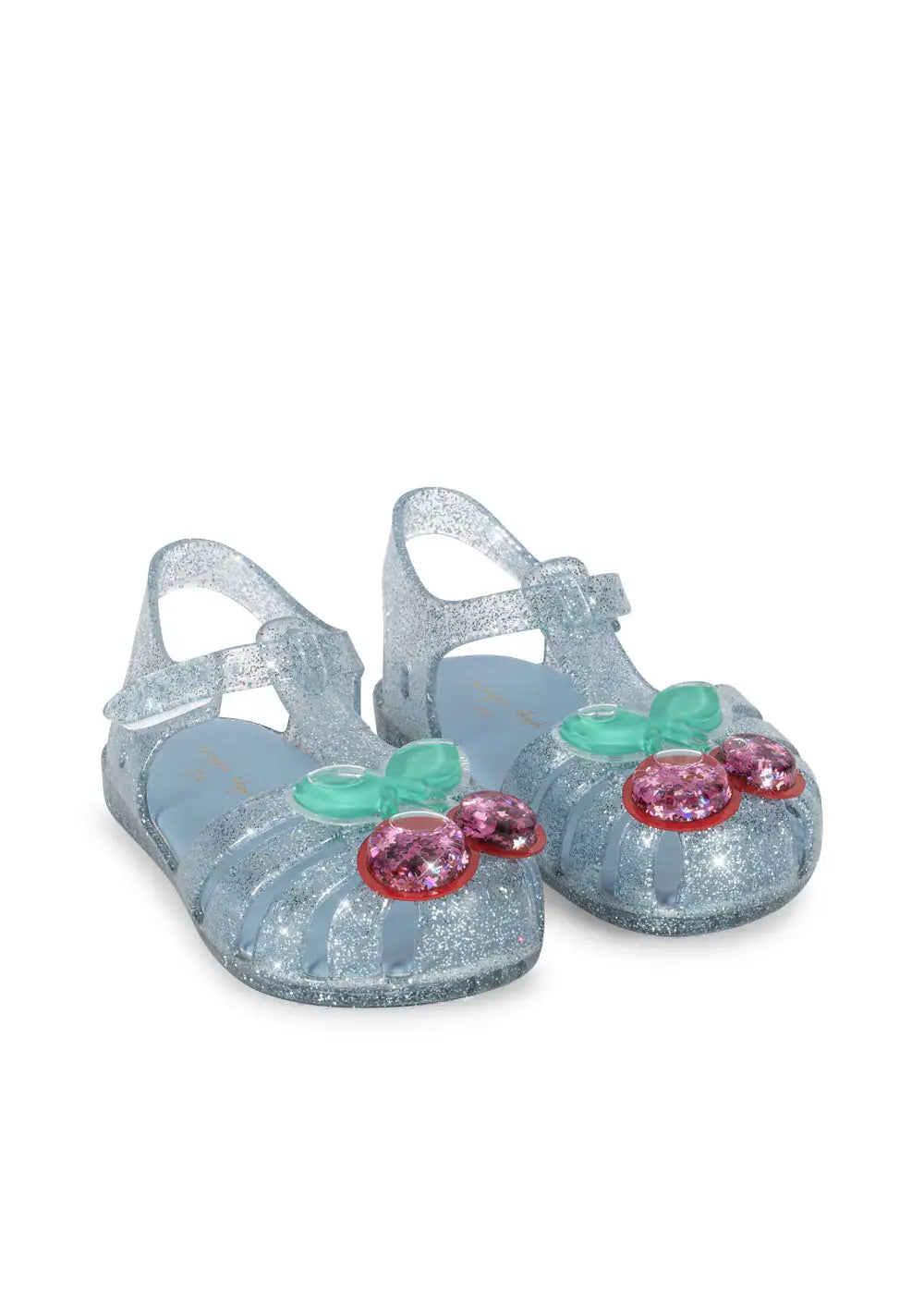 hellblaue Sandalen für Mädchen aus glitzerndem PVC mit aufgebrachter plastischer Kirsche, gefüllt mit Wasser und Glitzersternen, Klettverschluss