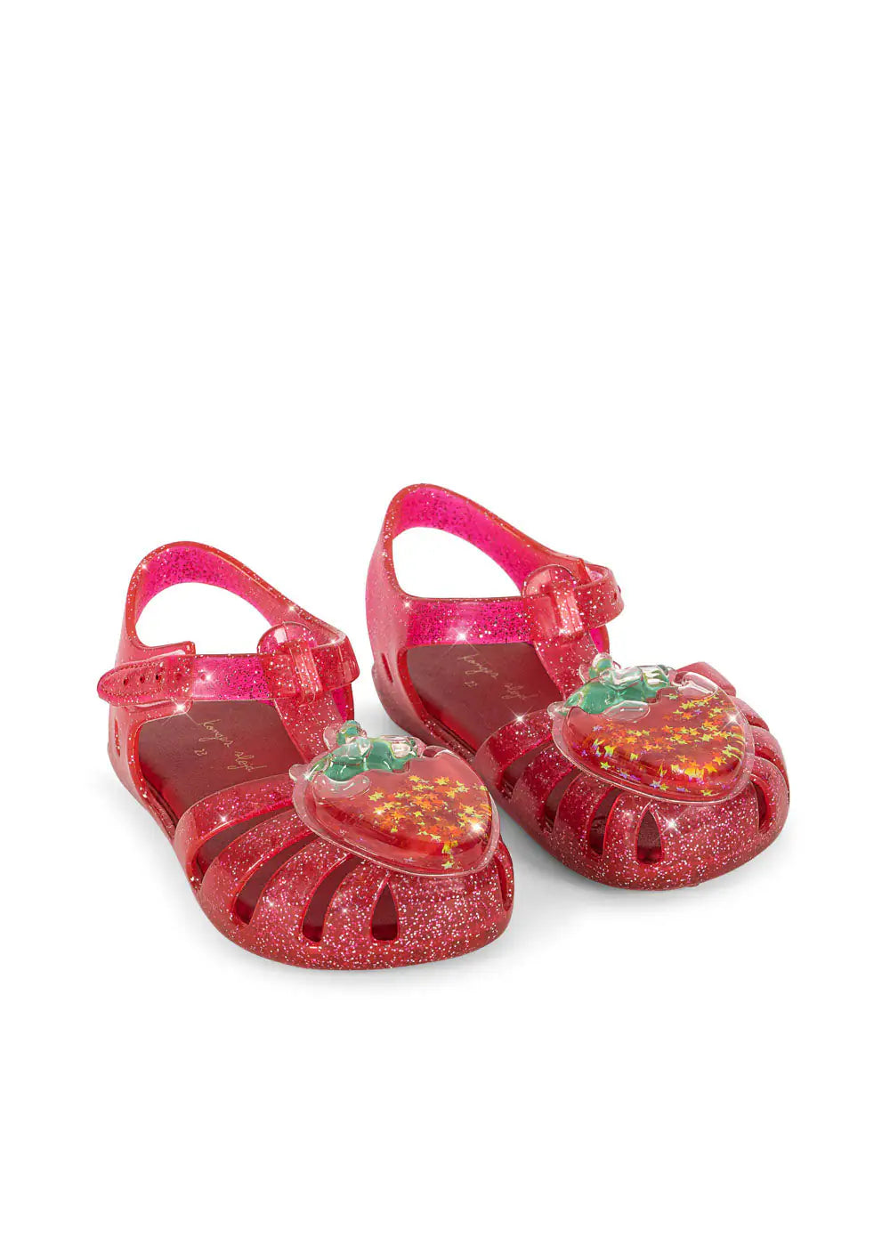 rote Sandalen für Mädchen aus glitzerndem PVC mit Riemchen-Klettverschluss und einer großen mit Glitzer-Gel gefüllten Erdbeere vorne drauf, gepolstertes Fußbett