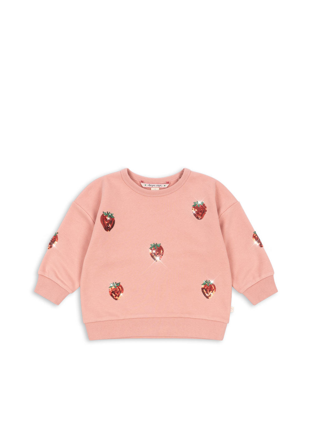 Sweatshirt für Mädchen aus Bio-Baumwolle rosafarben mit Pailletten im Erdbeer-Design