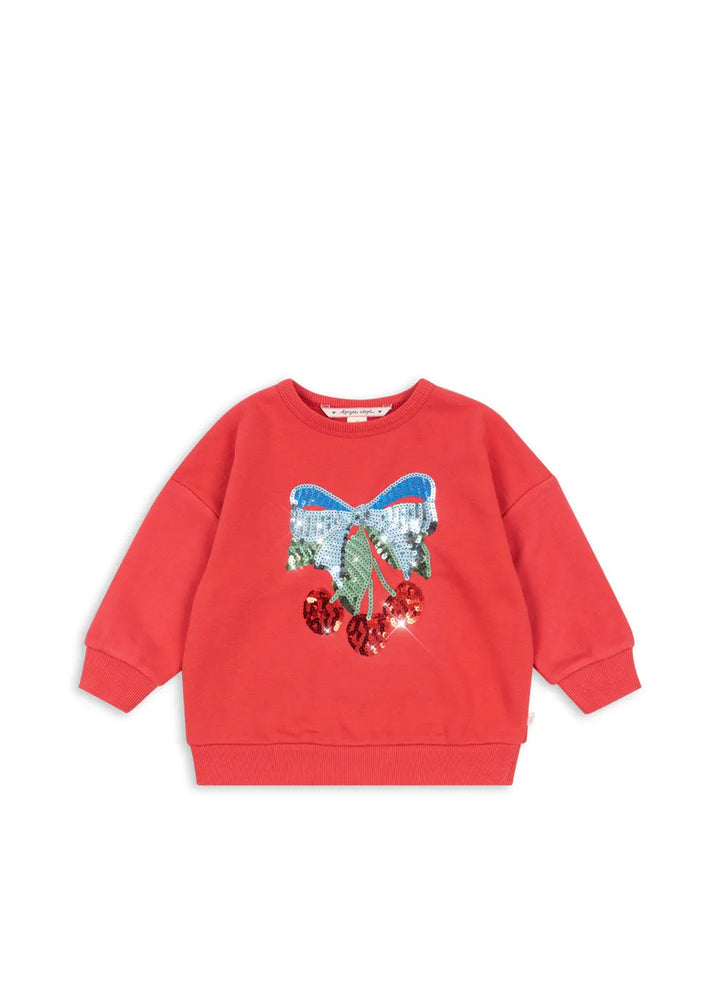 Sweatshirt für Mädchen in rot aus Bio-Baumwolle mit Pailletten Kirschen mit Schleife Design 